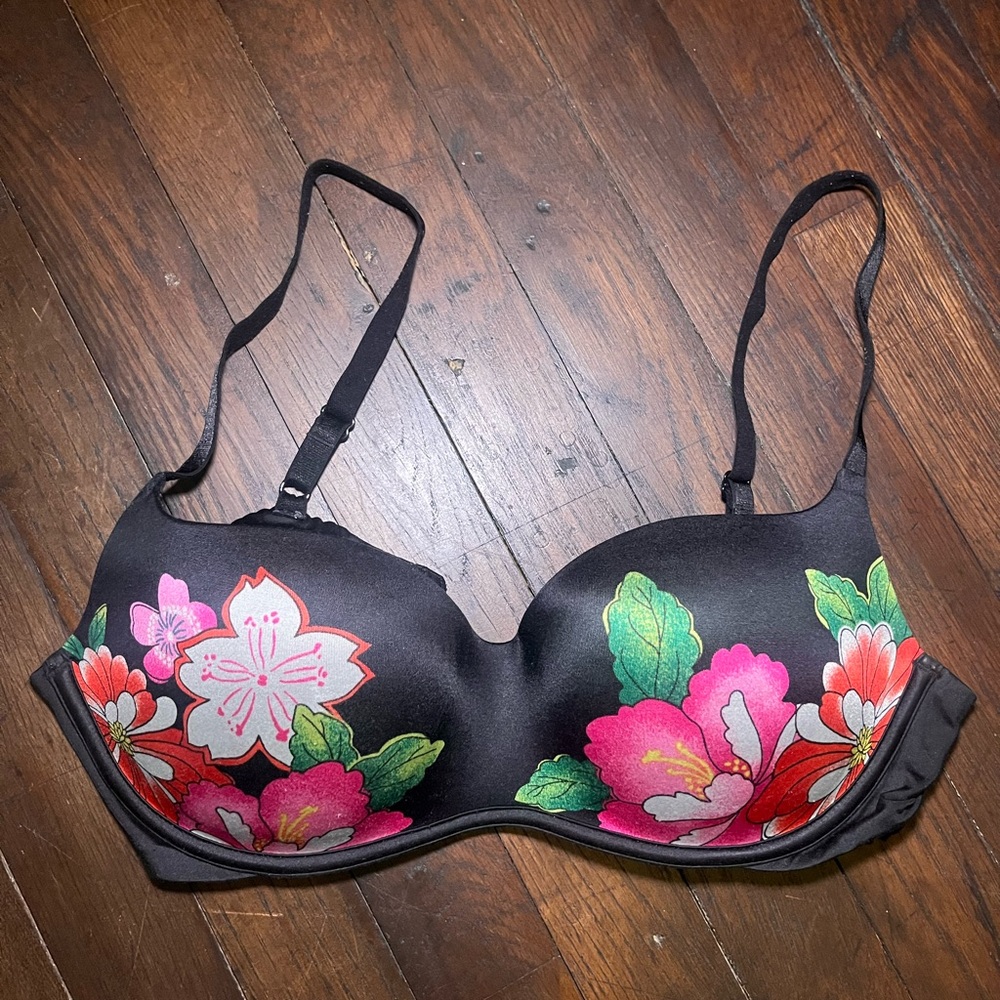 Victoria's Secret Black Bra with Pink Floral Design